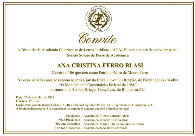 No momento, você está visualizando Desembargadora Ana Blasi toma posse na Acalej; juíza Erika Reupke é homenageada (22/09/2025)